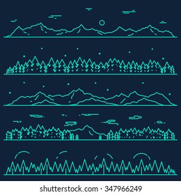 Conjunto de bandeiras abstratas horizontais de montanhas com floresta de abetos, elementos de design, ilustração vetorial, estilo linear.