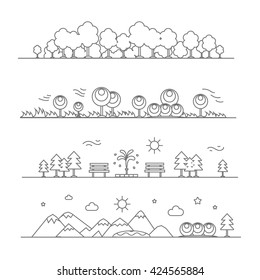 Set of horizontal abstract banners  mountains, trees, forest, design elements, linear style.