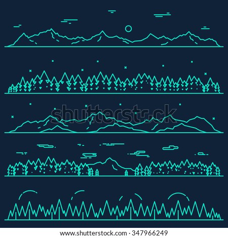 Set of horizontal abstract banners of mountains with fir forest, design elements, vector illustration, linear style.