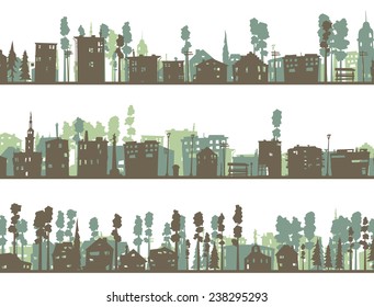 Set of horizontal abstract banners silhouettes of childish abstract downtown district in green tone.