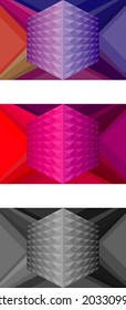 Set of horizontal abstract banners with a volumetric cube in the center for your brand book. A graceful pattern with a gradient for the header of the site. Vector illustration. Vector.