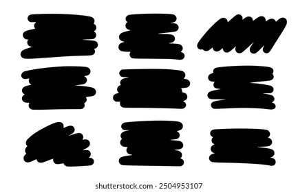 Set of horizontal abstract black spots with uneven rounded edges. Vector illustration of textured backgrounds for text, layout, template on white isolated background in flat style.