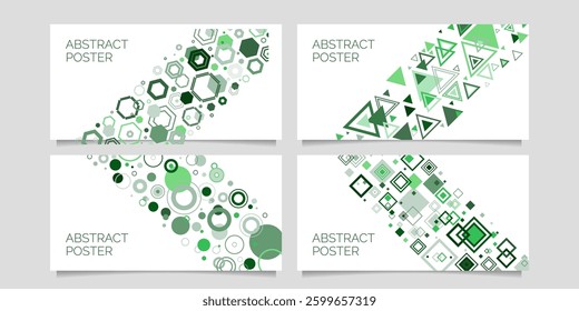 Set of horizontal abstract posters made of geometric shapes in green colors for advertising design, digital marketing, creative presentations, branding, website backgrounds, web banners