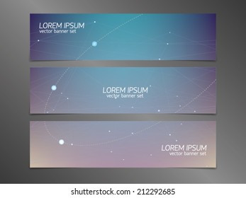 Set of horizontal abstract vector banners with moonlight, polygonal surfaces with semi-transparent connecting lines, star dots, constellations, elliptical orbit, and early sunrise effect (dawn). 