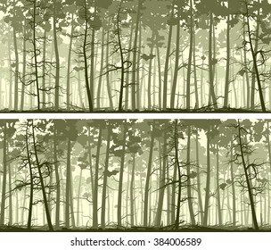 Set of horizontal abstract wide banners forest with trunks of pine trees.