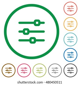 Set of horizontal adjustment color round outlined flat icons on white background