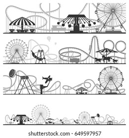 Set of horizontal amusement park silhouettes. Vector illustrations of roller coasters