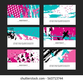 Conjunto de cartas horizontales artísticas creativas originales. Texturas dibujadas a mano. Vales de colección para boda, cumpleaños, fiesta. Diseño para tarjeta de regalo, invitación personalizada, folleto, volante. Vector. 