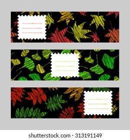 Set of horizontal autumn banners. Leaf ornaments. Scratched ginkgo, momiji and nanakamado flyers. Vector Illustration for banners. Maple, rowan and maidenhair leaves. Black background.