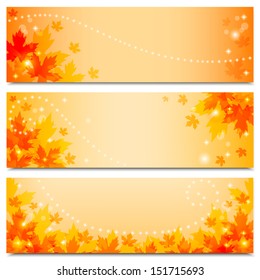 Set of horizontal autumn banners with maple foliage. Vector illustration. 
