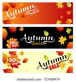 Set horizontal Autumn banners. Set sale autumn. Bright banners on light, orange and black backgrounds. Vector illustrations for social media banners, posters, email designs, ads, promotional material.