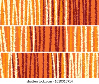 Set of horizontal autumn banners with stylized birch trunks without leaves.