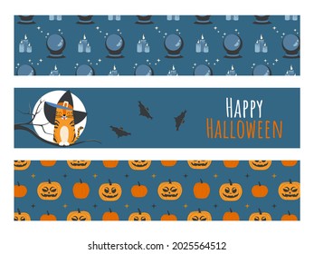 Set of horizontal baby halloween banners with cute tiger character on full moon background. Cartoon vector ribbon templates for kids