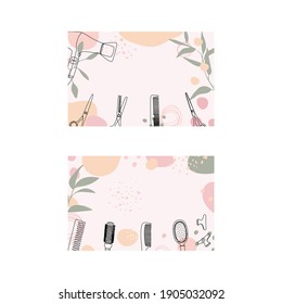A set of horizontal backgrounds with abstract shapes and hand drawn hairdresser tools in pastel colors. Template with copy space for a business card, banner, flyer.Line with editable stroke,vector.