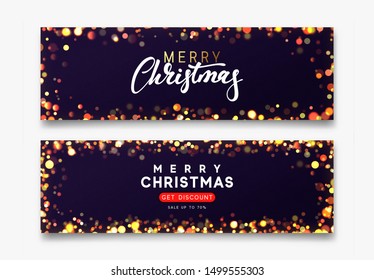 Set of horizontal backgrounds with blur bokeh effect. Christmas banner, poster, header for web site. Dark purple Xmas backdrop. Merry Christmas and Happy New Year handwritten text calligraphy.