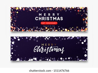 Set of horizontal backgrounds with blur bokeh effect. Christmas banner, poster, header for web site. Dark purple Xmas backdrop. Merry Christmas and Happy New Year handwritten text calligraphy.