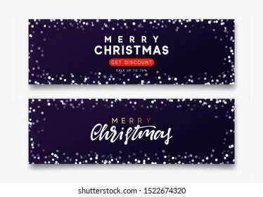 Set of horizontal backgrounds with blur bokeh effect. Christmas banner, poster, header for web site. Dark purple Xmas backdrop. Merry Christmas and Happy New Year handwritten text calligraphy.