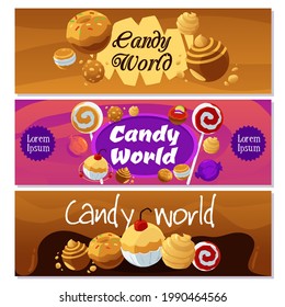 Set of horizontal backgrounds of candy world concept with caramel and fruity lollipops and candies, flat vector illustration. Flyers or banners collection for candy shop.