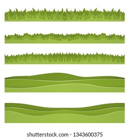 Set of horizontal backgrounds of grass and hills cut out of paper. Layered scenery. Vector illustration
