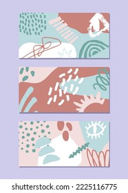 Set of horizontal backgrounds with stains, textures and geometric shapes. Bright colors. Hand drawn vector pattern.