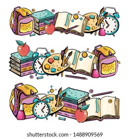 Set the Horizontal banner back to school. Vector colorful illustration in cute style. Hand drawn Doodle cartoon set of thematic elements, objects and symbols. Collection with a large number of objects