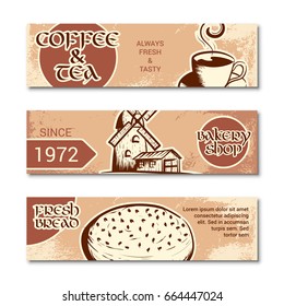 Set of horizontal banner for bakery shop. Hand drawn sketch. Vector illustration isolated on a white background.