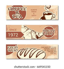 Set of horizontal banner for bakery shop. Hand drawn sketch. Vector illustration isolated on a white background.