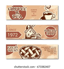 Set of horizontal banner for bakery shop. Hand drawn sketch. Vector illustration isolated on a white background.