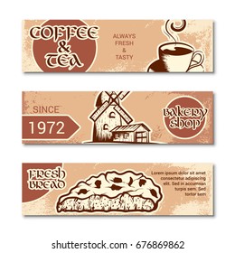Set of horizontal banner for bakery shop. Hand drawn sketch. Vector illustration isolated on a white background.