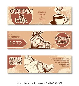 Set of horizontal banner for bakery shop. Hand drawn sketch. Vector illustration isolated on a white background.
