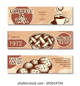Set of horizontal banner for bakery shop. Hand drawn sketch. Vector illustration isolated on a white background.