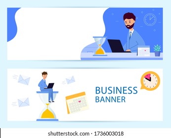Set horizontal banner. Business process, deadline, rush work. Man sitting on hourglass with a laptop. Businessman sitting at the table. Vector in modern flat style 
