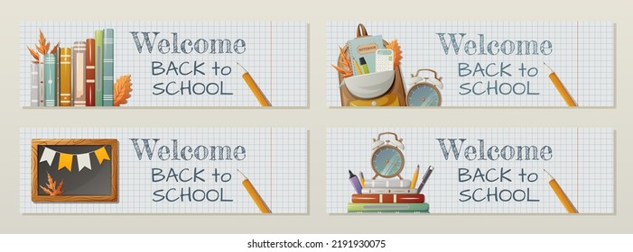 Set of horizontal banner, checkered notebook background. Welcome back to school text. Vector illustration. Books, backpack, alarm clock, stationery, chalkboard. For poster, flyer, website interface