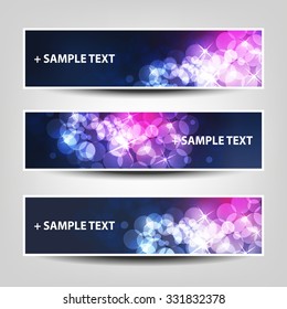 Set von horizontalen Bannern/Titelhintergrunddesigns - Farben: Muster für Blaue, violette, weiße Feiern, Weihnachten, Neujahr oder andere Feiertagsbanner