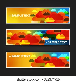 Set of Horizontal Banner / Cover Background Designs / Ad Banner Templates - Colors: Red, Orange, Blue, Yellow, White - Clouds On The Sky