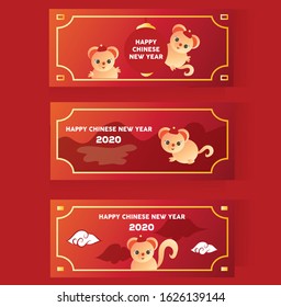 Set of Horizontal Banner with cute rats and red background. Chinese 2019 New Year Elements.