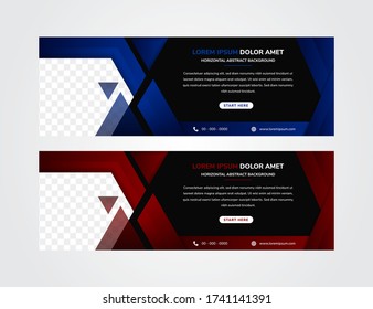 Set of horizontal banner with dark background combined with red and blue gradient element design. Hexagon shape of space for photo. Business template designs.
