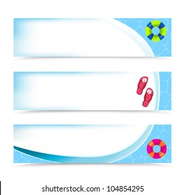 Set of horizontal banner designed as a swimming pool with lifebuoys and flip flops