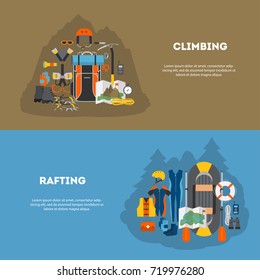 Set horizontal banner flat design modern for travel and outdoor. Outfit and equipment for climbing and rafting. For web sites, applications and printing, vector