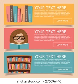 Set of horizontal banner, flyer, brochure design templates with reading girl, books and bookshelf