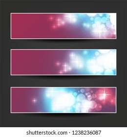 Set of Horizontal Banner or Header Background Designs - Colors: Purple, Blue, White - Web Ad Templates for Christmas, New Year or Other Seasonal Events or Holidays