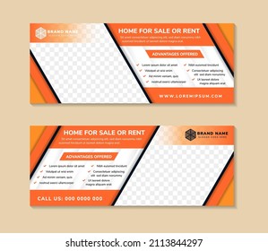 set of Horizontal Banner for home for sale or rent, creative concept for advertising, template for posting photos and text. Modern white background with orange multicolored element.