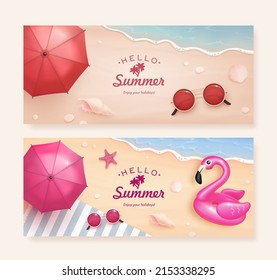 Set of horizontal banner with realistic summer elements on a beach background