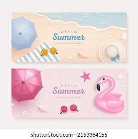 Set of horizontal banner with realistic summer elements on a beach background