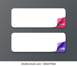 Set of horizontal banner template with curl corners. Realistic vector paper with curved corner. Paper template for print and web banner, flyer for sale and promo advertising text message