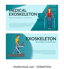 Set of horizontal banner template. People rehabilitation with exoskeleton. Woman stay, man walks with exosuit. Vector illustration