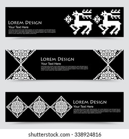 set of horizontal banner templates with decorative Christmas embroidery lace pattern, vector illustration. 