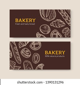 Set of horizontal banner templates with delicious breads and tasty baked products hand drawn with contour lines on dark background. Realistic vector illustration in retro style for bakery promotion.