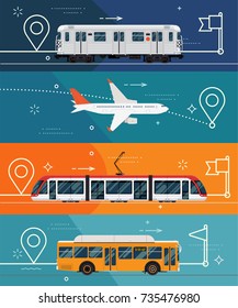 Set of horizontal banner templates on short and long distance transport with subway car, airliner plane, tram and bus. Cool vector travel or passenger transport themed illustrations