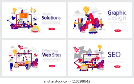 Set of horizontal banner templates for web page. Digital solution, SEO and graphic design. Isolated flat vector illustration